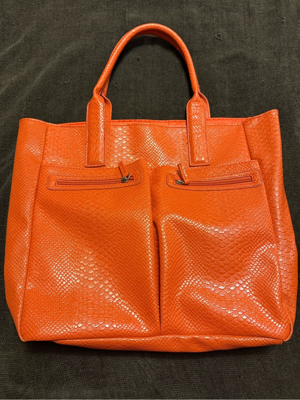 Orange Textured Tote Bag with Front Zip Pockets - Women